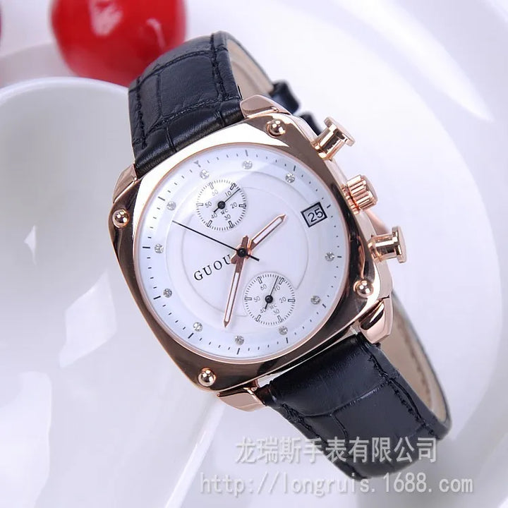 Fashion GUOU Women Calendar Watches Lady's Luxury Wristwatches Genuine Leather Dress Watch 5 Points Square watch Bracelet Clocks