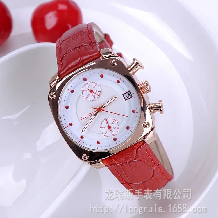 Fashion GUOU Women Calendar Watches Lady's Luxury Wristwatches Genuine Leather Dress Watch 5 Points Square watch Bracelet Clocks