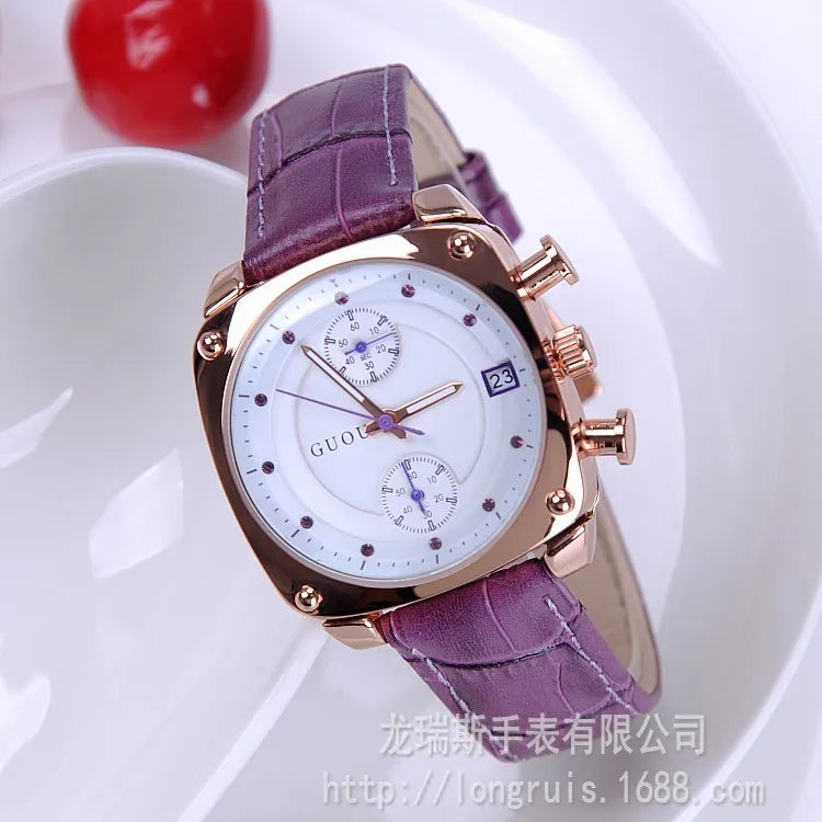 Fashion GUOU Women Calendar Watches Lady's Luxury Wristwatches Genuine Leather Dress Watch 5 Points Square watch Bracelet Clocks