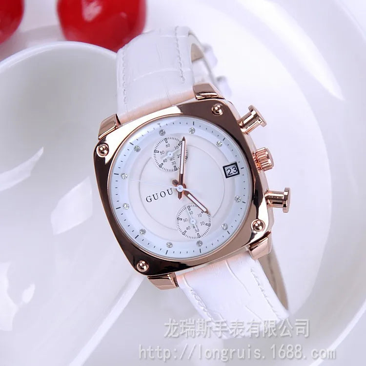 Fashion GUOU Women Calendar Watches Lady's Luxury Wristwatches Genuine Leather Dress Watch 5 Points Square watch Bracelet Clocks