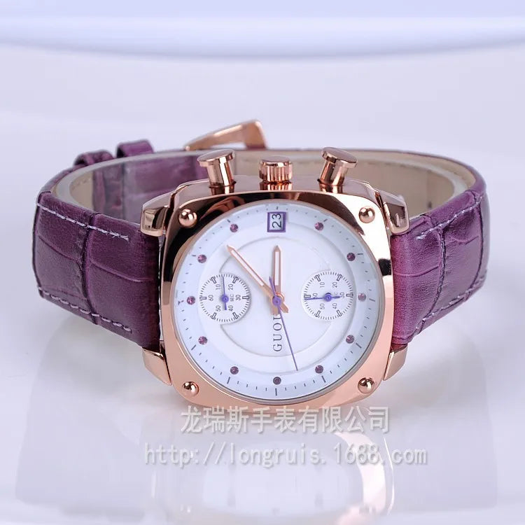 Fashion GUOU Women Calendar Watches Lady's Luxury Wristwatches Genuine Leather Dress Watch 5 Points Square watch Bracelet Clocks