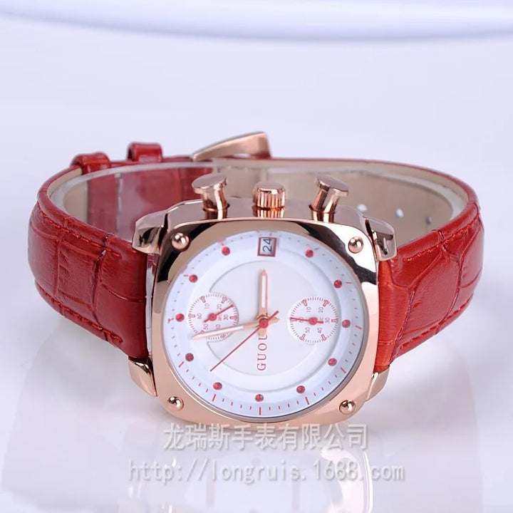 Fashion GUOU Women Calendar Watches Lady's Luxury Wristwatches Genuine Leather Dress Watch 5 Points Square watch Bracelet Clocks