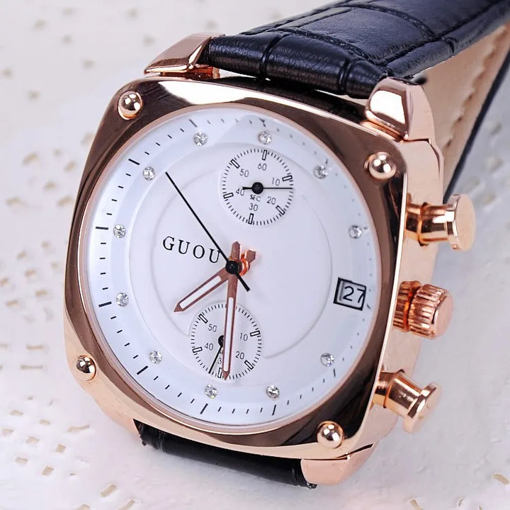 Fashion GUOU Women Calendar Watches Lady's Luxury Wristwatches Genuine Leather Dress Watch 5 Points Square watch Bracelet Clocks